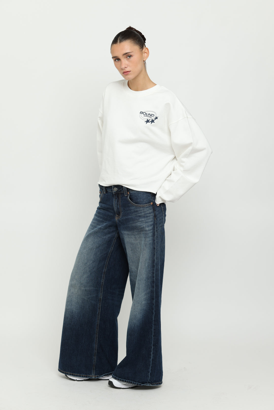 Off-White & Navy Logo Crewneck